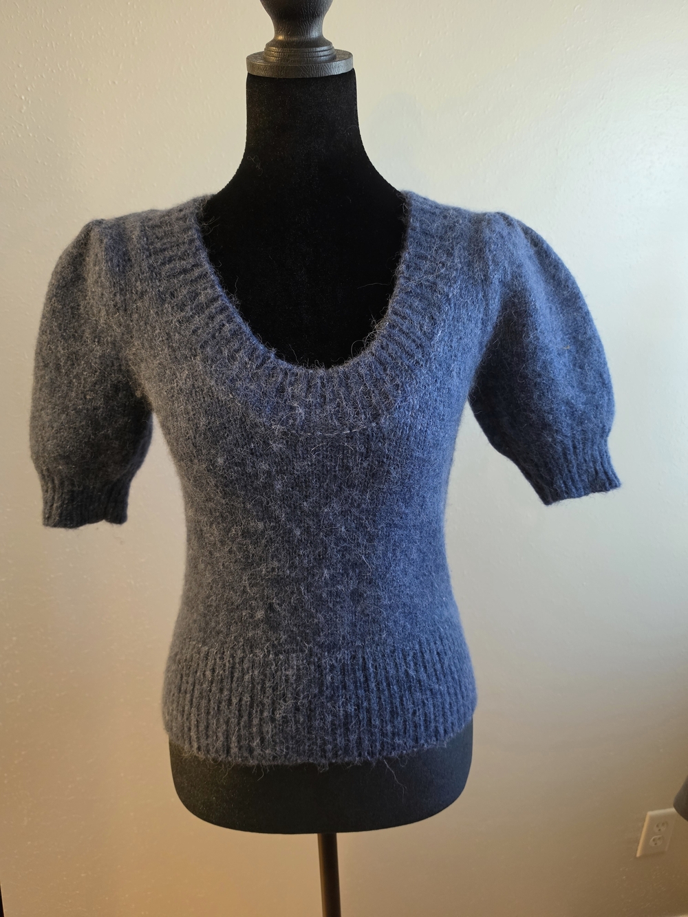 dh NEW YORK Heathered Blue Puff-Sleeve Alpaca Wool Scoop-Neck Sweater